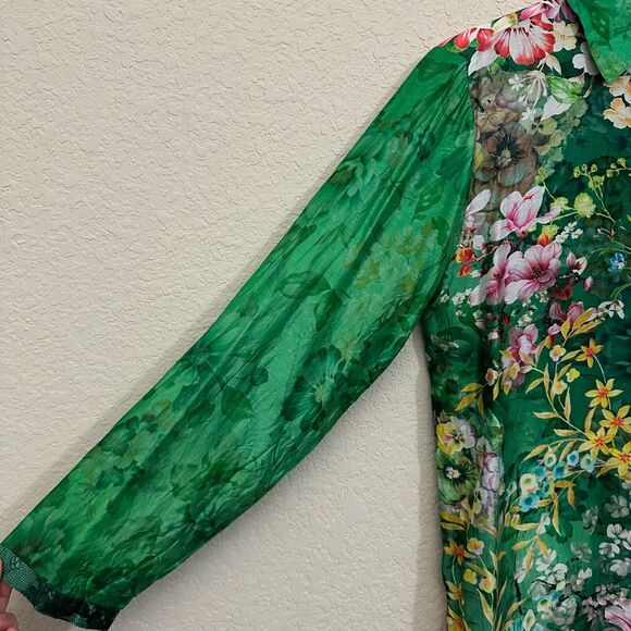 CIENNA Floral Shirt Green Button Up Roll Tab Sleeve Satin Silk Boho - Picture 5 of 12